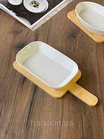 Тарілка сервірувальна з бамбуковою підставкою "Білосніжна" 19,5*12 см h 3 см кераміка Київ