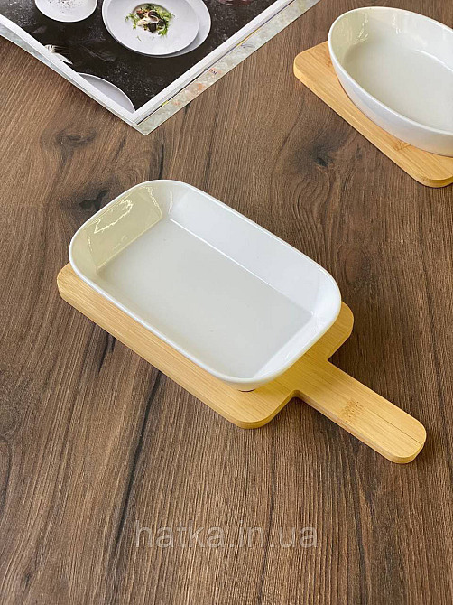 Тарілка сервірувальна з бамбуковою підставкою "Білосніжна" 19,5*12 см h 3 см кераміка Київ - фото 3