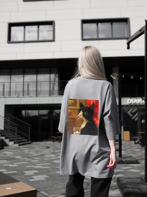 Парні футболки оверсайз(oversize) для чоловіка і дружини, для закоханих пар SANE з принтом кіт стрес сірі Одеса - фото 5