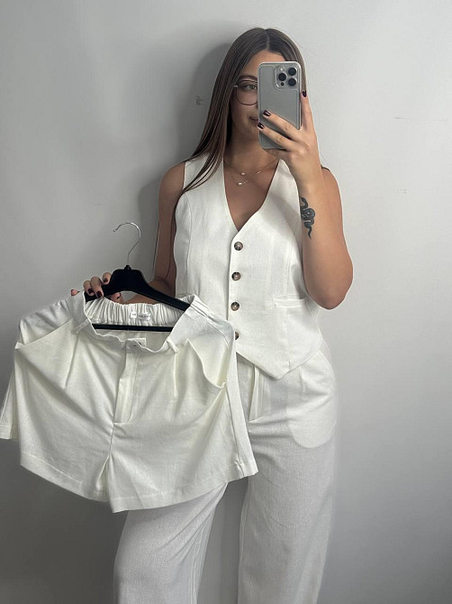 Лляний костюм-трійка в класичному стилі Молочний XS-S Харків - фото 2