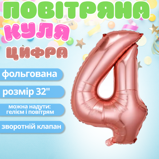 Воздушный шар в виде цифры 4 розовое золото,32 дюйма, фольгированый, для праздника дня рождения,годовщин Каменец-Подольский