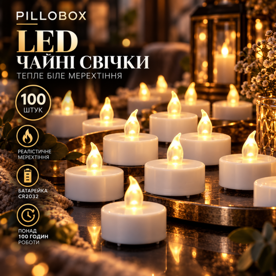 LED чайні свічки PILLOBOX 100 шт., тепле біле мерехтіння, CR2032, понад 100 год, безполуменеві, на батарейках Київ