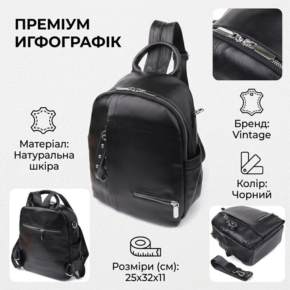 Жіночий рюкзак з натуральної шкіри Vintage 23055 Чорний Київ - фото 13