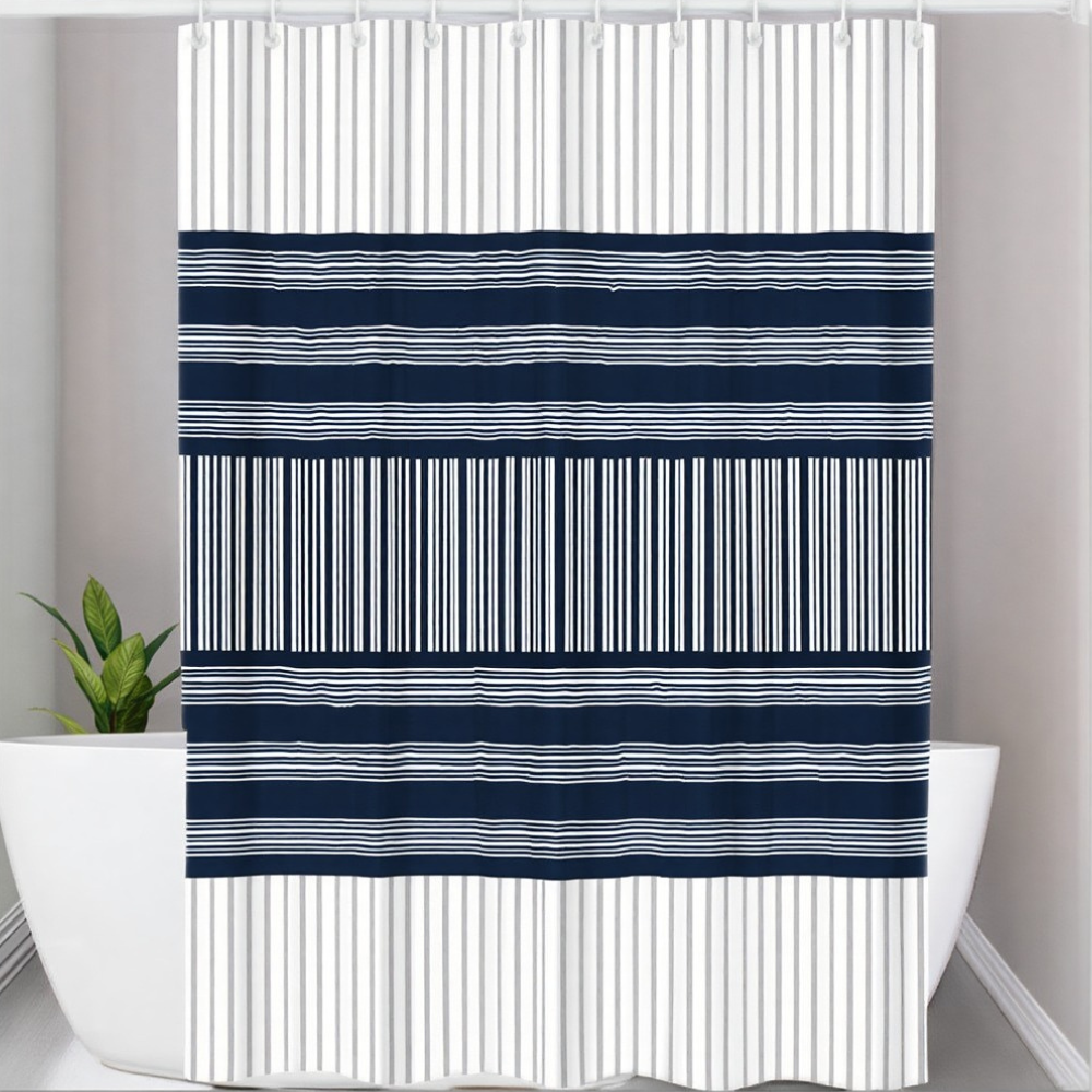 Шторка для ванної та душу 180x180 см водостійка, шторка для ванної кімнати з кільцями і гачками, біло-синя в смужку Кам'янець-Подільський - фото 1