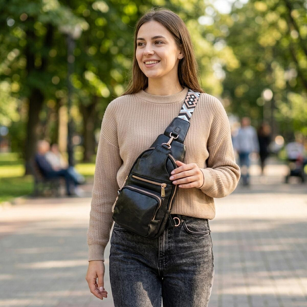 Практична жіноча слінг сумка через плече з екошкіри Vintage 22754 Чорний Київ - фото 12