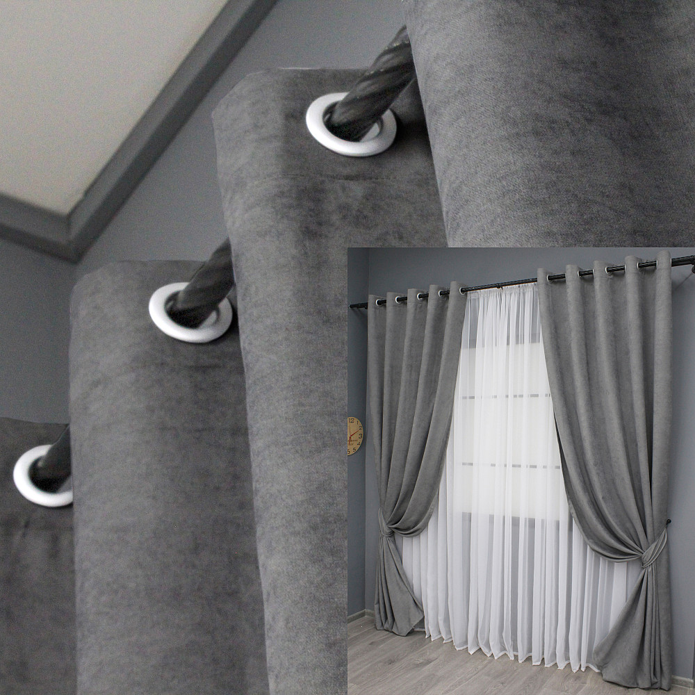 Комплект штор на люверсах VR-Textil Мікровелюр Petek № 1485ш 150х270 см 2 шт Сірий (37-0214) Київ - фото 1