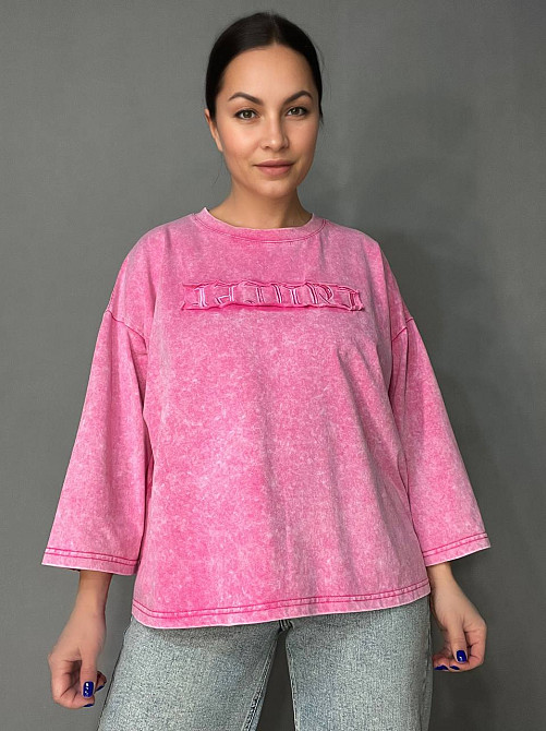 Футболка женская A-N 26029 оверсайз широкая вареная дай длинный рукав 3\4 с вышивкой впереди one size, розовый, one size Киев - изображение 14