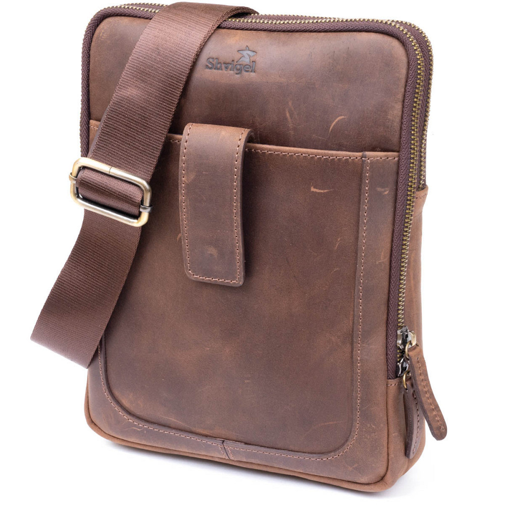 Сумка мужская планшет на два отделения кожаная Коричневая (SHVIGEL) Киев - изображение 11