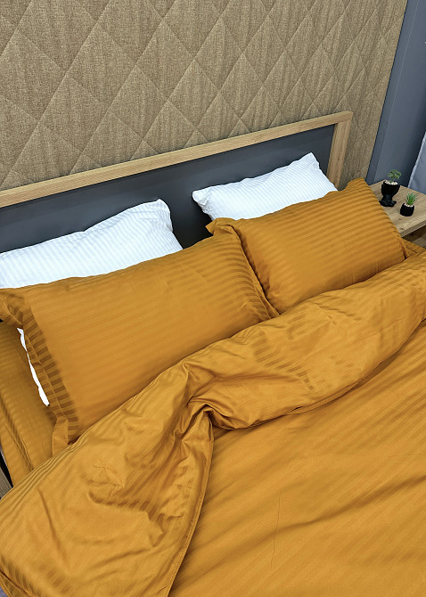 Комплект постільної білизни Страйп-сатин Євро 200х230 з простирадлом на резинці Гірчичний (88-182) Київ - фото 7
