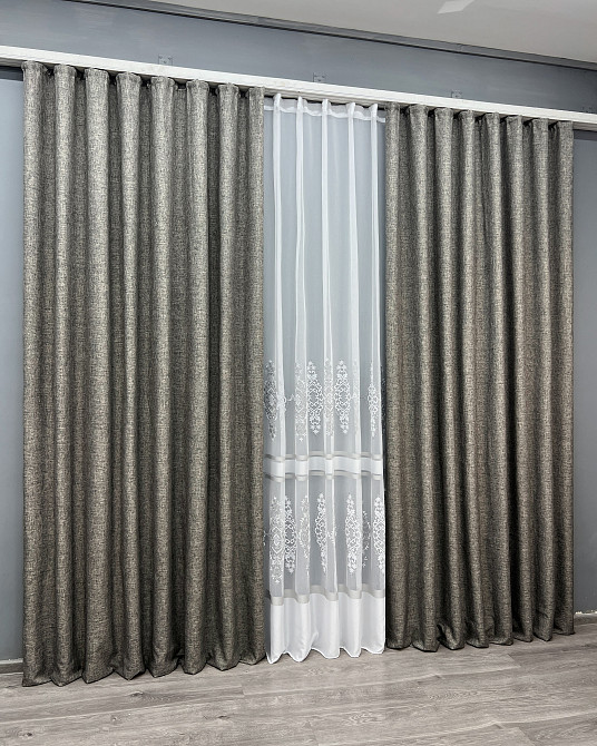 Комплект штор VR-Textil Лен ALORA-TON 200х270 2шт и Тюль 600х270 1871ш-1701т Серый с белым 71-202/7 Киев - изображение 3