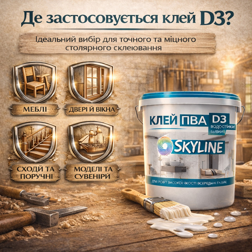 Клей ПВА D3 SkyLine 10 кг столярний підвищеної водостійкості промисловий для виробництва меблів, термостійкий до +100°С Харків - фото 3