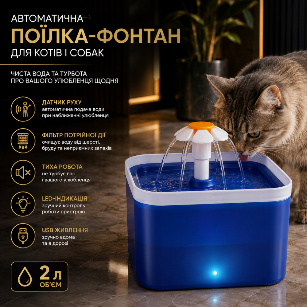 Питьевой фонтан для кошек и собак 2 л с датчиком движения, USB, LED-индикацией и многослойным фильтром, автопоилка синяя Киев - изображение 7