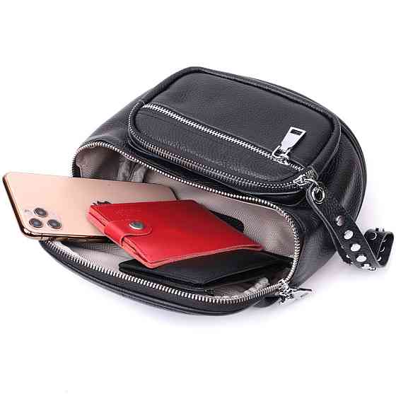 Сумка для женщин с декором в виде кнопок из натуральной кожи Черная (Vintage) Киев