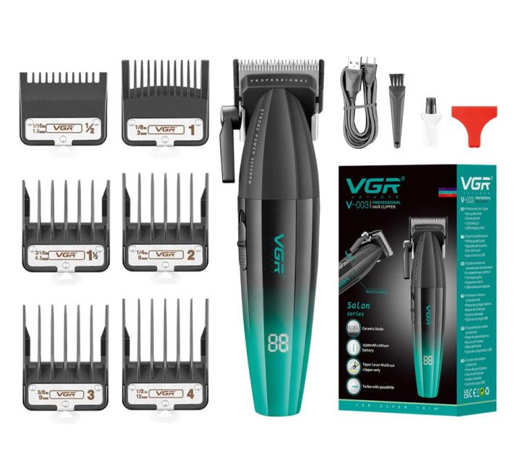Машинка для стрижки VGR V-003 Turbo режим 9000 RPM керамічне лезо (6 насадок) Зелений Вінниця - фото 1