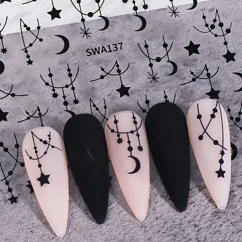 3D наклейки для ногтей в бохо стиле — луна, звезды, цепочки, черные + серебряные (2 листа) Киев - изображение 2