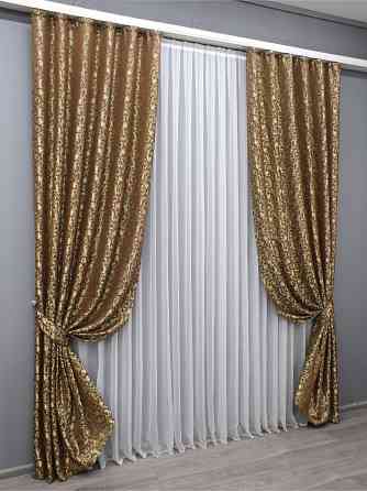Комплект готовых штор VR-Textil Жаккард № 1587ш Коричневый с золотистым 140х270 см 2 шт (33-0548) Киев