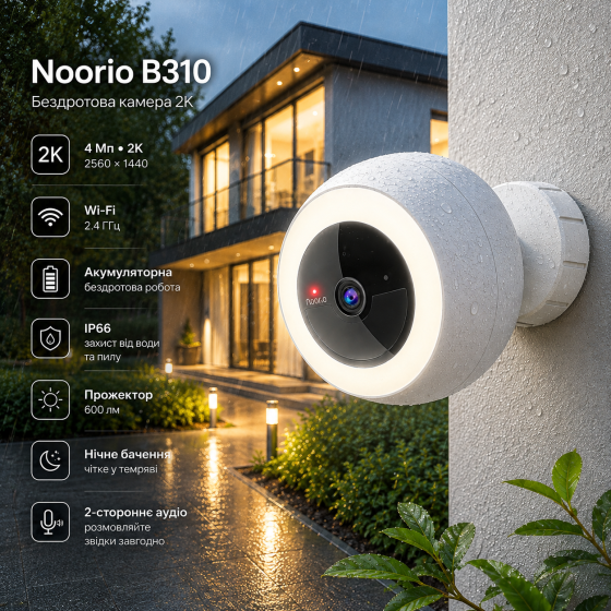 Беспроводная камера видеонаблюдения Noorio B310 4 Мп 2K Wi-Fi, аккумуляторная, IP66, прожектор 600 лм, ночное видение Киев