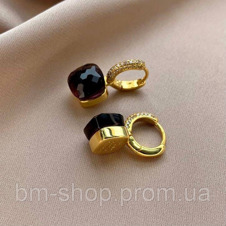 Роскошные серьги с квадратным бордовым камнем /Серьги Помеллато позолота / винный цвет / позолота 18К Одесса - изображение 7