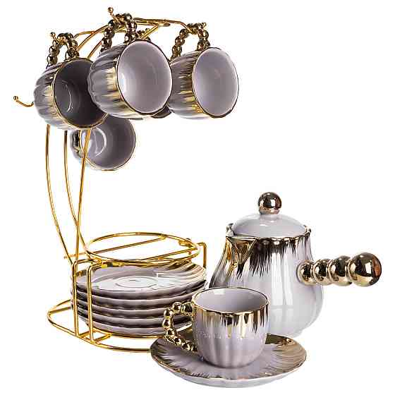 Кавовий сервіз на підставці з туркою 450 (мл) 6 чашок по 90 (мл) подарунковий набір чашок на підставці Сірий із золотом FM-JJ-4 Коломия