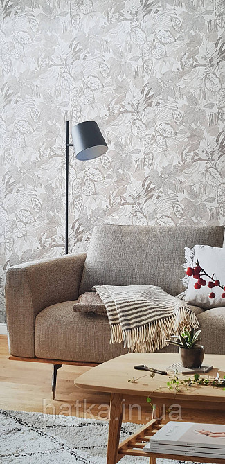 Шпалери вінілові на флізеліні метрові Rasch Novella 1,06х10 квіти листя гілки акварель матові бежеві сірі на білому Київ - фото 1