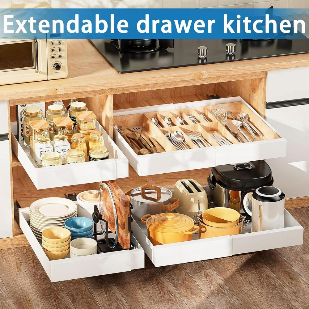 Телескопічна висувна шухляда 32-52 см для шафи, кухні, мийки, ящик органайзер для спецій посуду приборів, білий на клейкій основі Київ - фото 6