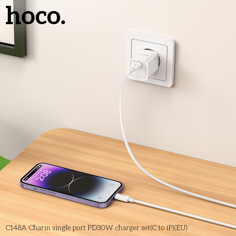 Мережевий зарядний пристрій з кабелем HOCO C148A Charm single port PD30W charger set (C to iP) (EU) White Одеса - фото 8