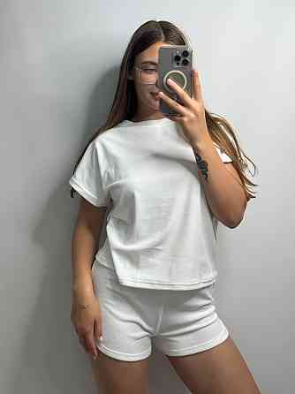 Піжама-комплект (футболка + шорти + штани) з плюшевого велюру Молочний XXL Харків