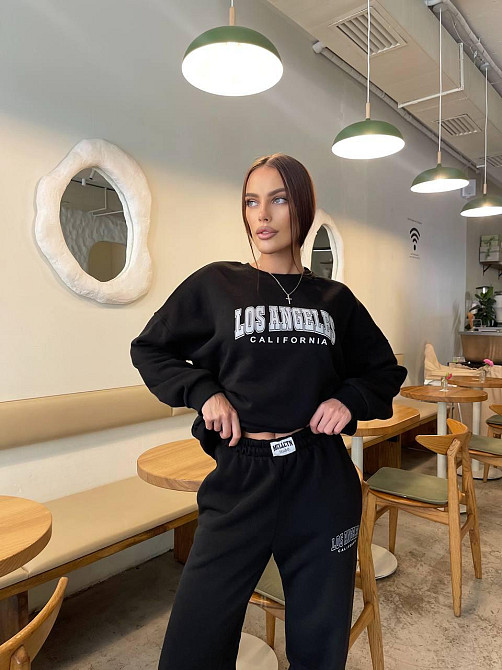 Жіночий теплий оверсайз костюм-двійка з накатом тринитка на флісі + турецька РИБАйн Чорний, 48/50 Одеса - фото 1