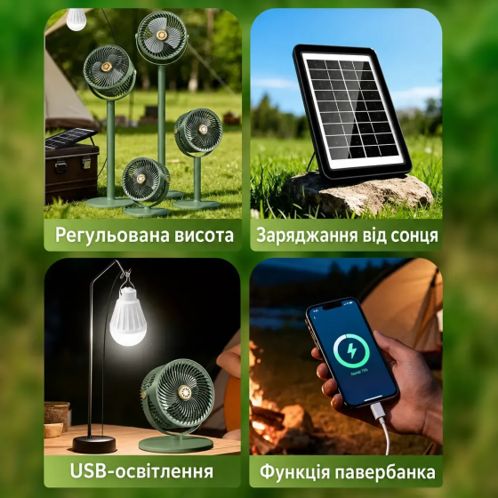 Вентилятор телескопический настенно-напольный с солнечной панелью и лампочкой USB-C (5 скоростей) с функцией PowerBank Черный Киев