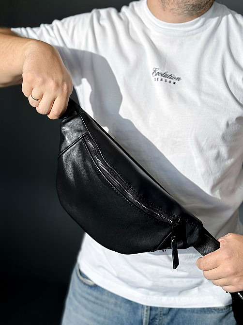 Бананка із натуральної гладкої шкіри, шкіряна сумка на пояс SKILL Lodka (Чорна) Суми - фото 2