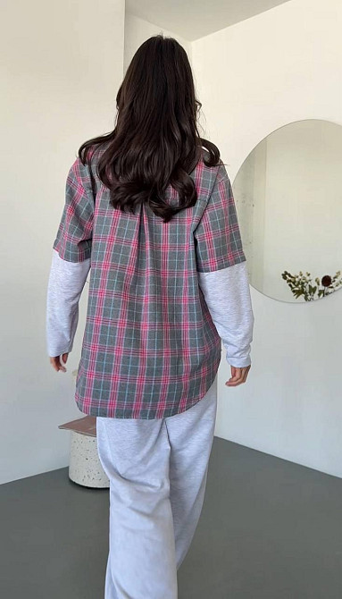 Женский повседневный костюм двойка: рубашка в клетку и штаны турецкая фланель + двунитка Одесса - изображение 3