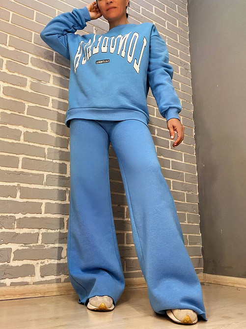 Штаны женские Quzen 388 брюки спортивные палаццо широкие свободные от бедра утепленные на флисе голубые, голубой, M Киев - изображение 16