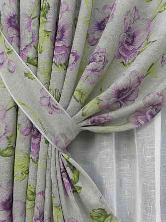 Комплект штор VR-Textil Лен Прованс 150х270 2шт и Тюль 400х270 2079ш-115т Серый с фиолетовым и белым 71-214/3 Киев