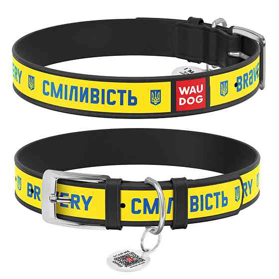 Нашийник для собак шкіряний WAUDOG Design з QR паспортом, малюнок "Сміливість", XL, Ш 35 мм, Дов 46-59 см, чорний Київ