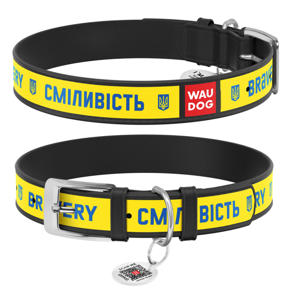 Нашийник для собак шкіряний WAUDOG Design з QR паспортом, малюнок "Сміливість", XL, Ш 35 мм, Дов 46-59 см, чорний Київ - фото 1