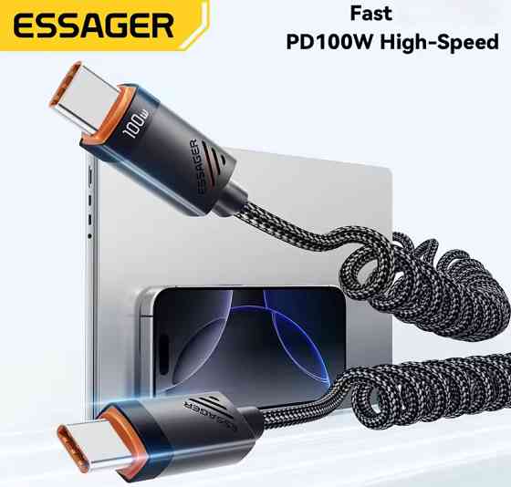 Кабель пружинный Essager Type-C to Type-C 100W PD быстрая зарядка и передача данных (1.8м) Николаев