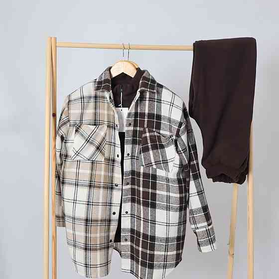 Флісовий жіночий коричневий костюм-трійка (худі+джогери+сорочка картата) 44/46 Кам'янець-Подільський