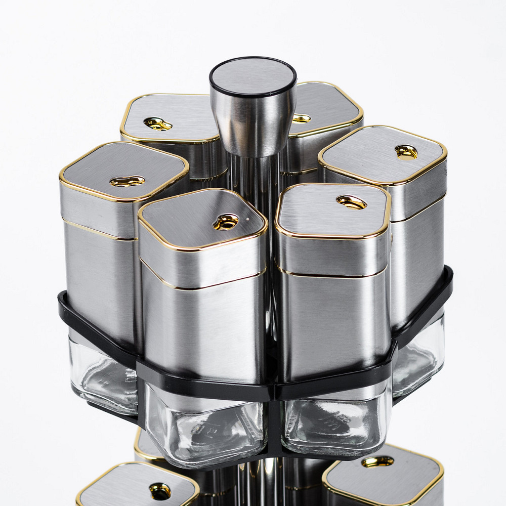 TS Kitchen Набір для спецій на підставці 12 баночок по 120 мл, хром із золотом Коломыя - изображение 3