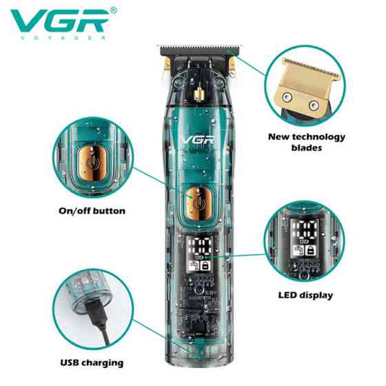 Машинка триммер для стрижки волос и бороды VGR V-961 LCD-дисплей IPX7 (4 насадки) Винница