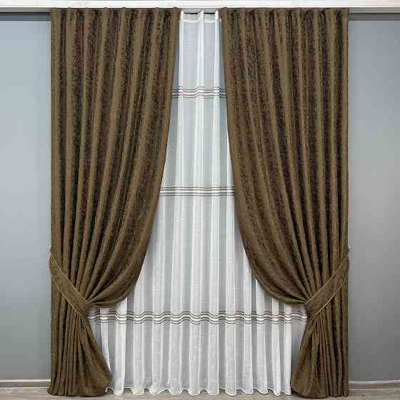 Комплект штор VR-Textil Льон Мармур 150х270 2шт і Тюль 600х270 1261ш-1429т Коричневий з білим 71-176/5 Київ