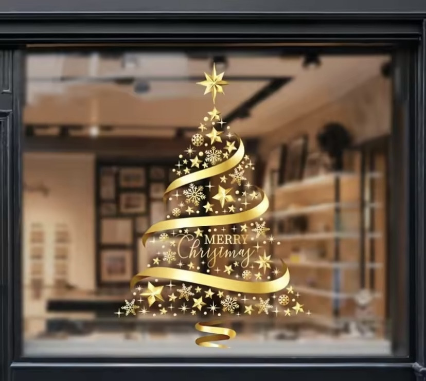Наклейка новогодняя на окна Елка 61 на 41 см силикон золотистый Киев - изображение 1