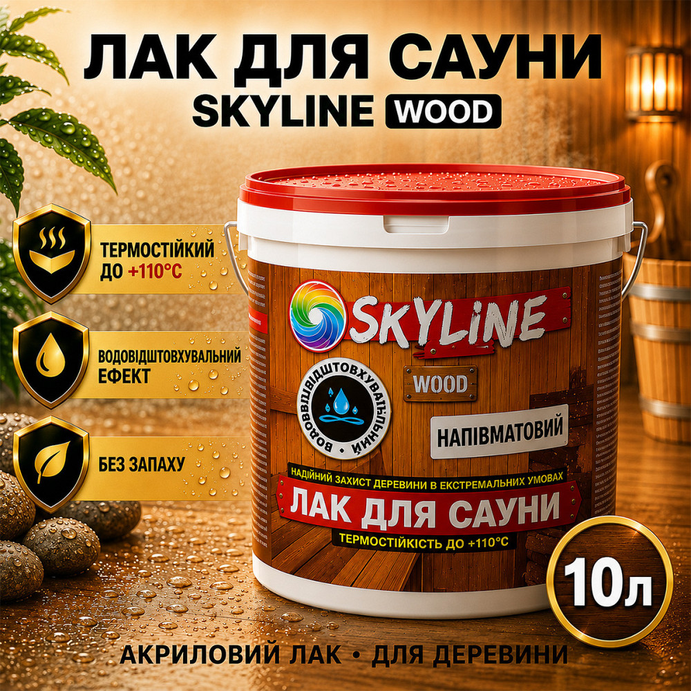 Лак для сауны SkyLine WOOD 10 л — акриловый полуматовый лак для дерева, прозрачный, без запаха, термостойкий до +110°C Харьков - изображение 1
