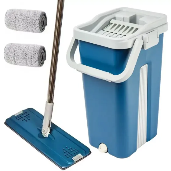 Швабра с ведром 11л с автоматическим отжимом + 2 насадки / Комплект для уборки швабра лентяйка и ведро Серая Коломыя