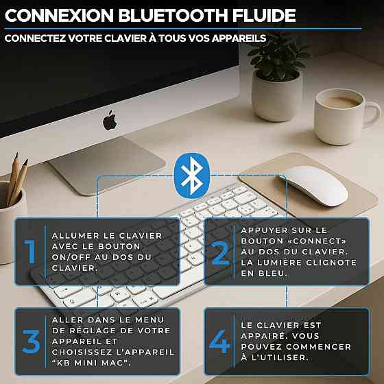 Бездротова клавіатура Bluetooth Bluestork компактна, ультратонка AZERTY, легка тиха міні-клавіатура для Mac, iPad, iPhone біла Київ