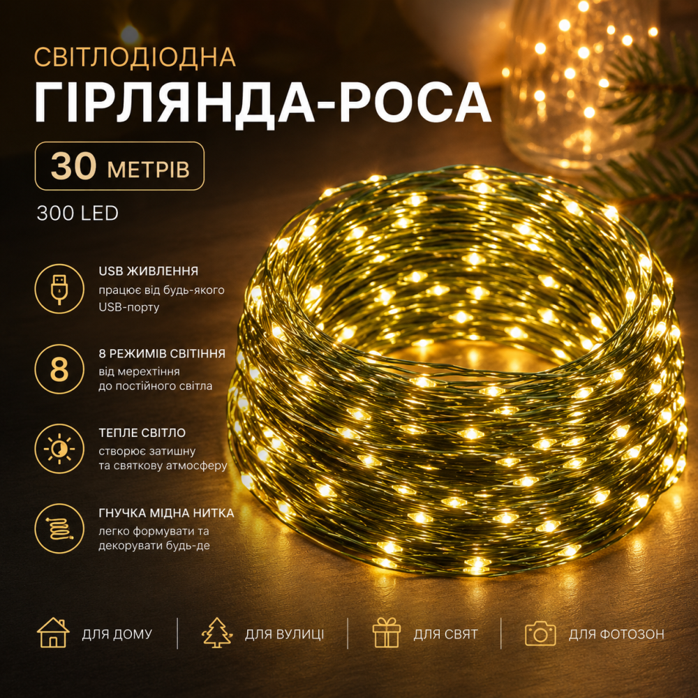 Світлодіодна гірлянда-роса 30 м (300 LED): USB, 8 режимів, Тепле світло, Гнучка мідна нитка для декору Київ - фото 9