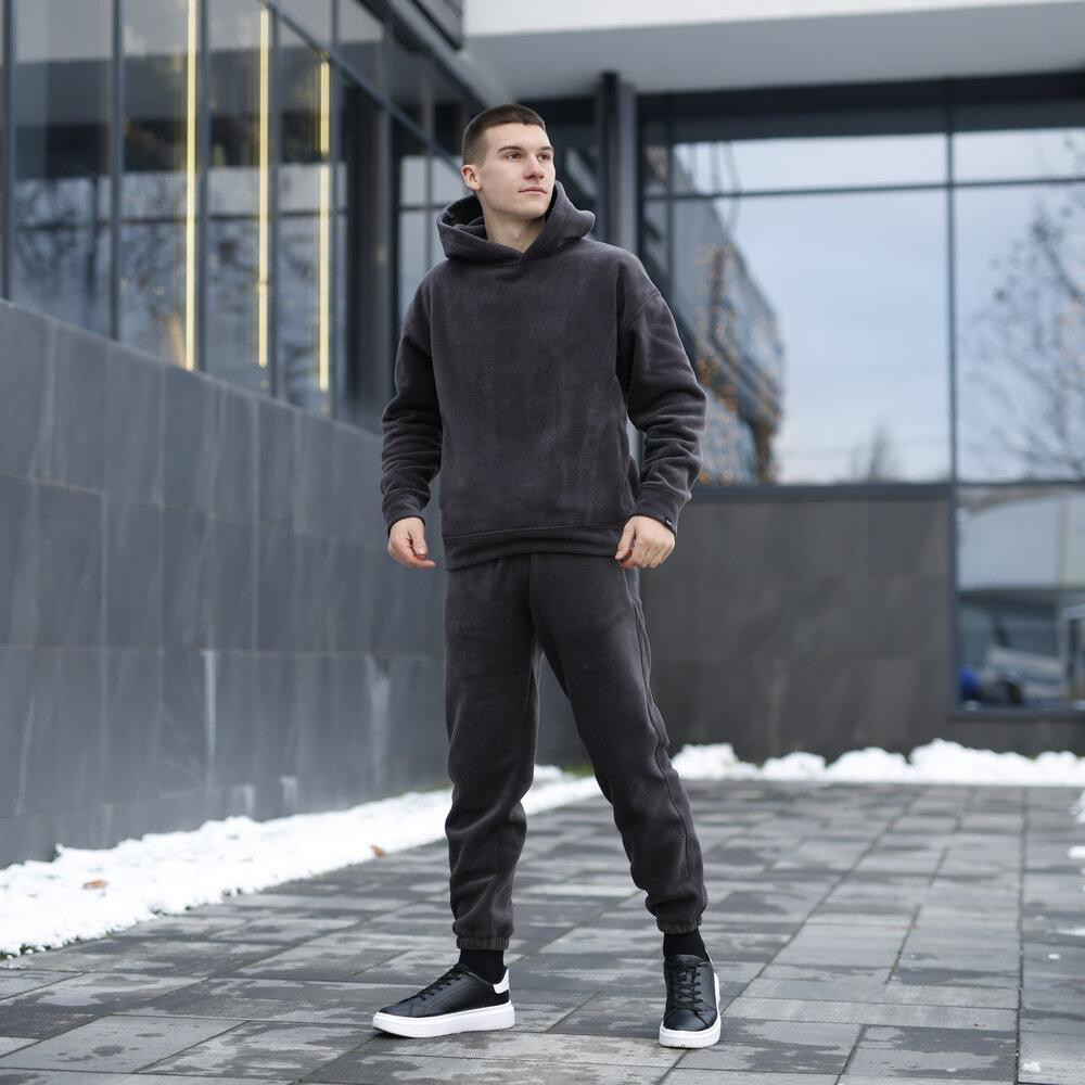 Чоловічий теплий флісовий спортивний костюм осінь зима Pobedov штани кофта з капюшоном і манжетами темно-сірий Одеса - фото 9