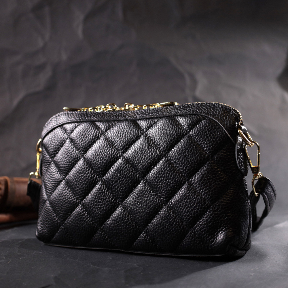 Классическая женская сумка через плечо из натуральной стеганной кожи Vintage 22315 Черная Киев - изображение 8