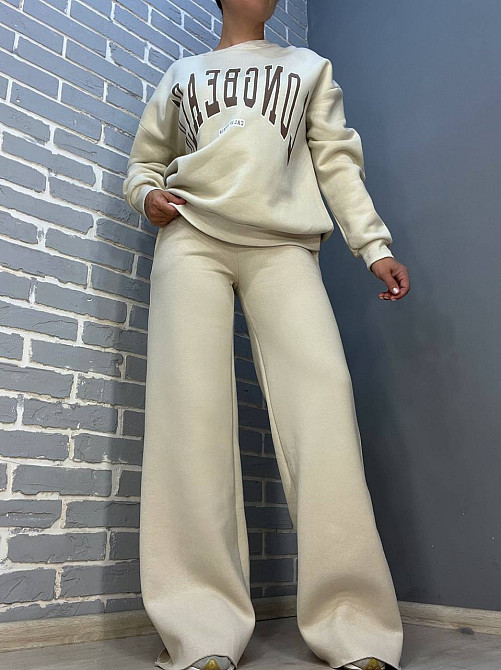 Штаны женские Quzen 388 брюки спортивные палаццо широкие свободные от бедра утепленные на флисе светло бежевые, світло-бежевый, M Киев - изображение 15
