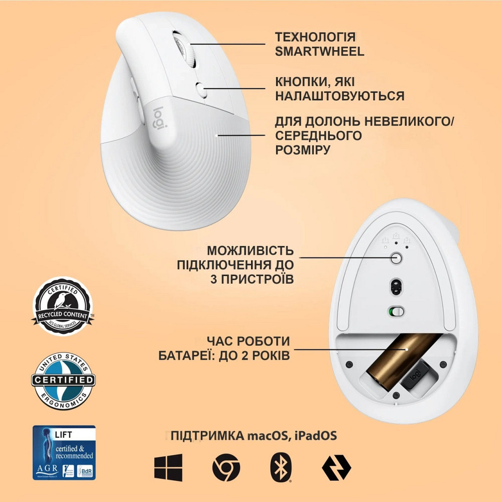 Миша бездротова Logitech Lift Vertical Ergonomic White (910-006475) Білий Харків - фото 16