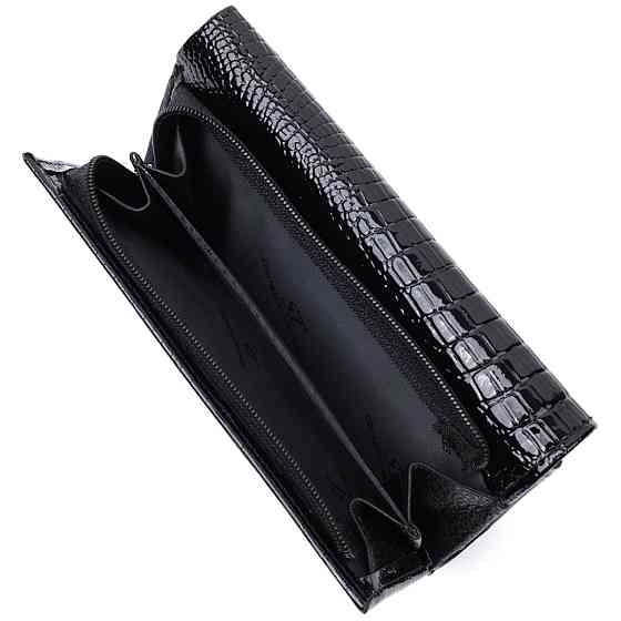 Жіночий гаманець у три складання з лакованої фактурної натуральної шкіри ST Leather 22707 Чорний Київ